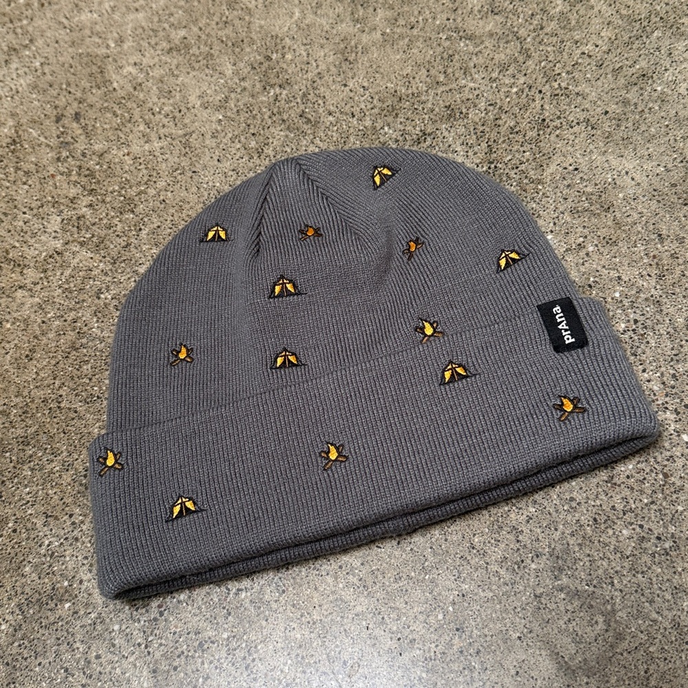 NWOT Prana Gray Beanie with Camping Embroidery
